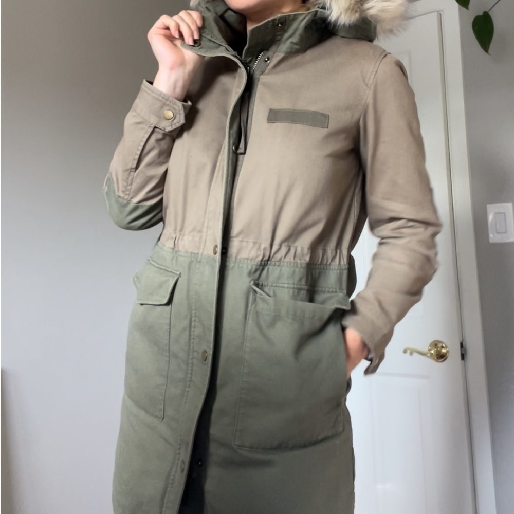 Gap Olive Green Fur Collar Long Utility Jacket